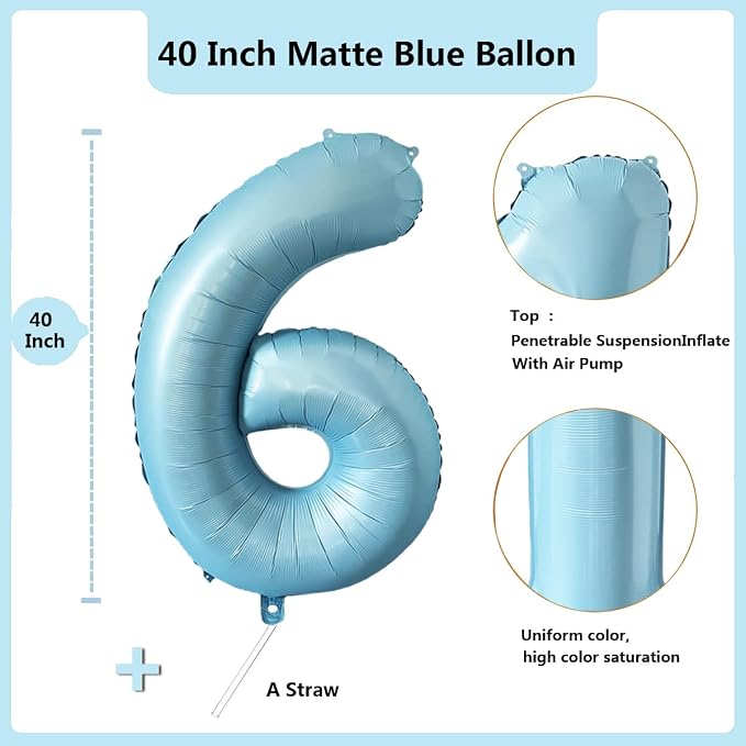 40 Inch Matte Blue 6 Number Balloons Light Blue Number 6 Foil Balloon Mylar - Image 2