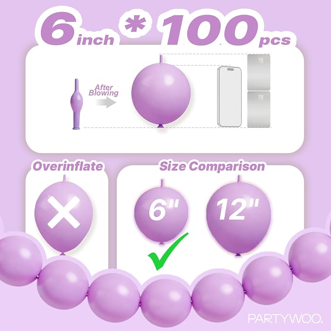 PartyWoo Lavender Linking Balloons 100pcs 6 Inch Purple Link Balloons | - Image 4