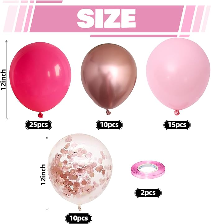 Pink Balloons, 60 Packs 12 Inch Hot Pink and Chrome Rose Gold Confetti Balloons - Image 2