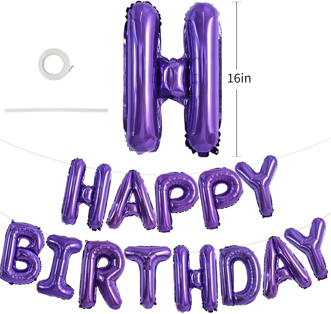 TONIFUL 16 Inch Purple Happy Birthday Balloons Banner Decorations - Image 2