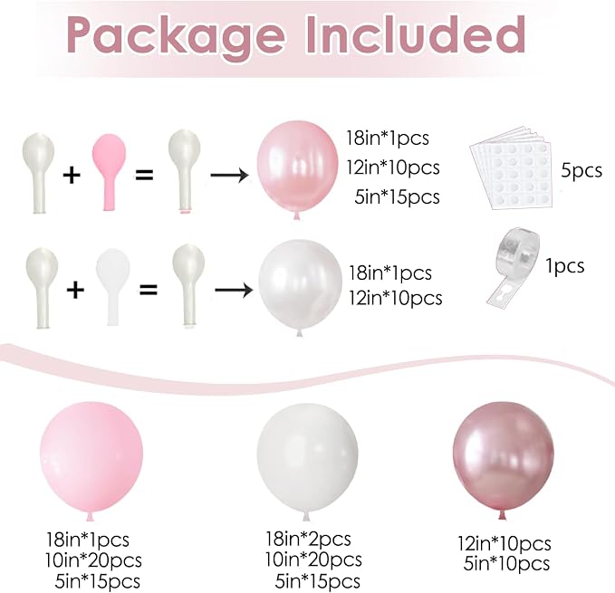 Pearl Pink White Balloons Arch Kit Double Stuffed, Party Decor. | Pastel/Light - Image 2