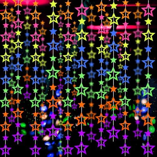 126feet UV Paper Garland Hollowed Star Neon Streamers Black Light Decorations Glow Party UV Reactive Party Favors Glow in The Dark Supplies and Decorations Wedding Birthday Banner by WELITTCON