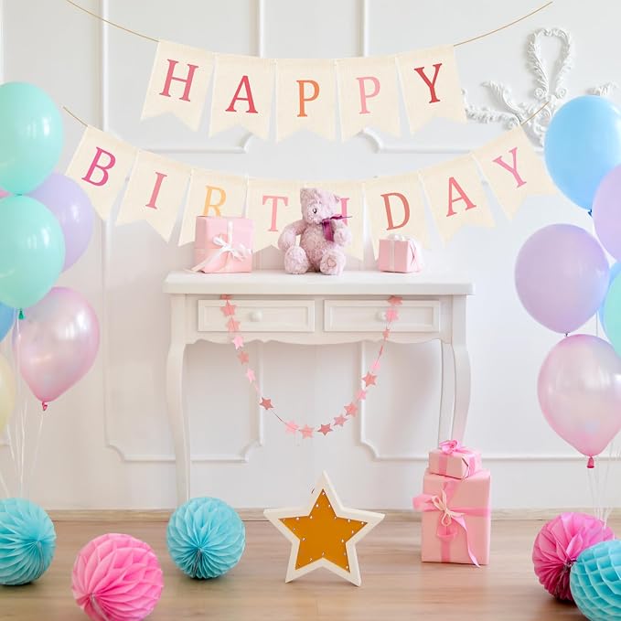 Doumeny Happy Birthday Burlap Banner Boho Birthday Garland Bunting Ombre Pink - Image 4