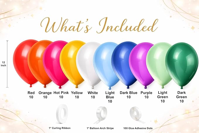100 Pack Balloon Arch Kit – 12 Inch Assorted Rainbow Latex Balloons - Image 2