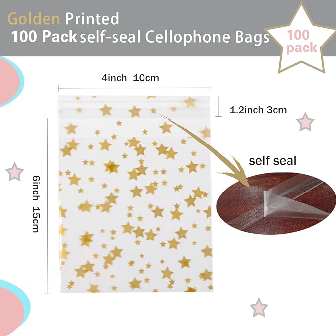COQOFA 100 Pcs Star Printed Sealable Gift Wrap Cello Cellophane Bags Self - Image 2