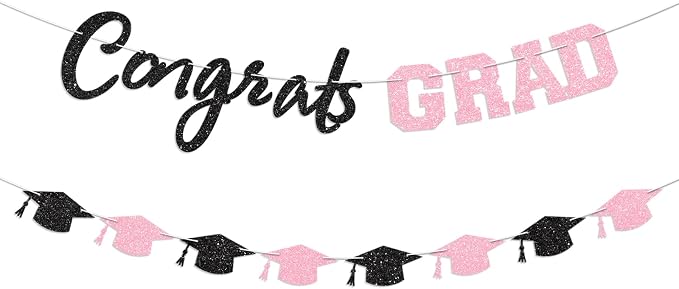 Prestrung Congrats Grad Banner Pink Black Graduation Banner by Blopee