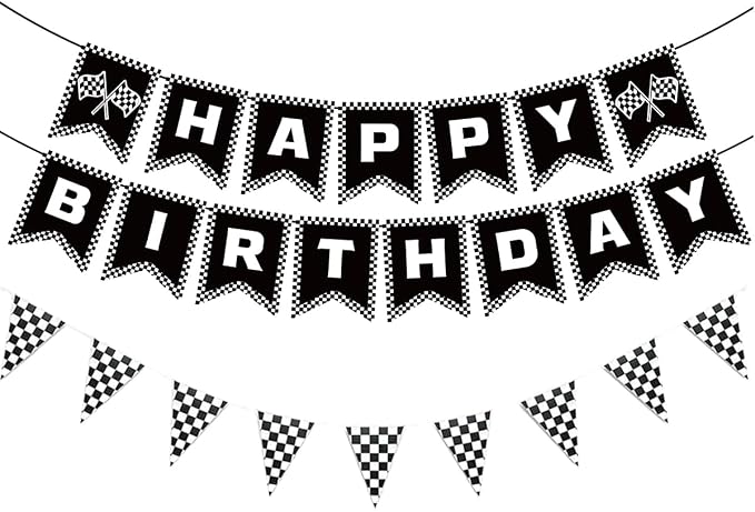 MEETINGU Black and White Checkered Flags and Race Car Happy Birthday Banner by MEETINGU