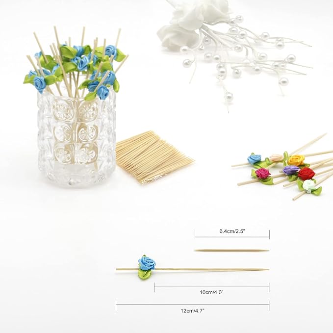 Minisland Blue Rose Flower Cocktail Picks, 4.7 Inch Long Bamboo Fancy Toothpicks - Image 2