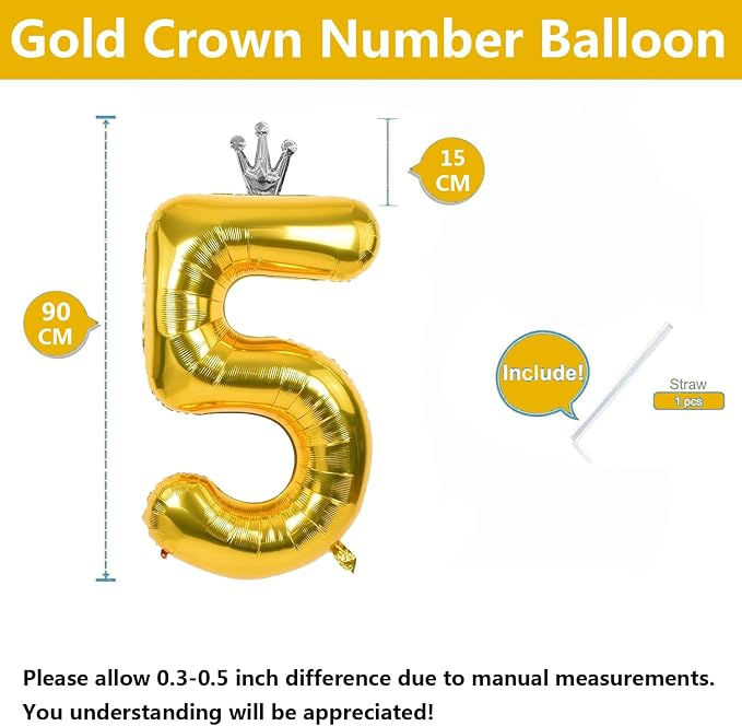 Gold Number 5 Balloon with Crown, 40 inch Gold Number Balloon 5th Birthday - Image 2