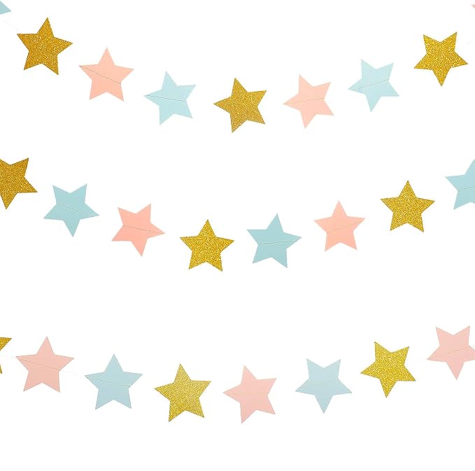 WEVEN Pink Blue Gold Star Garland Glitter Paper Streamers Twinkle Star Banner - Image 2