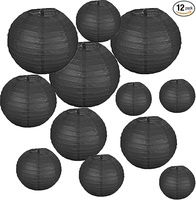 12Pcs 6, 12 Inch Mixed Sizes Black Paper Lanterns Decorative Chinese, Japanese by Clonynix