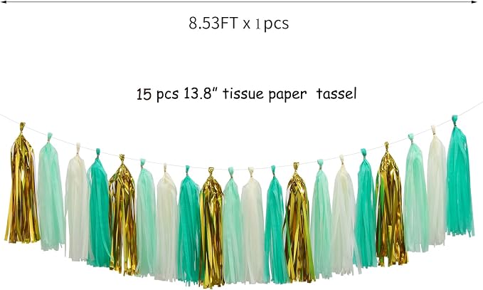 Teal-Blue Mint Beige-Gold Party-Decorations Tassel-Garland -20pcs Rustic - Image 2