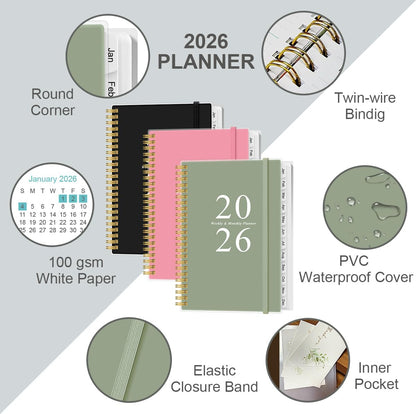 (3-Pack) 2026 Planner - A5 Weekly & Monthly Planners Spiral Bound, January 2026 - December 2026, 2026 Planner with Flexible Cover, Tabs, Inner Pocket, 6.4" x 8.5", Pink