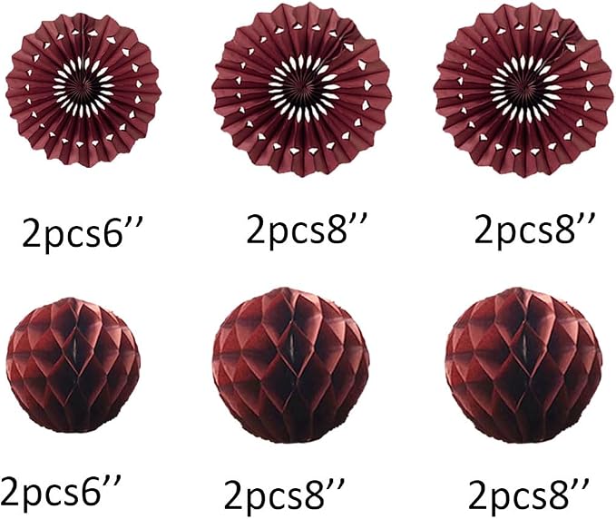 12pcs 6''8'' Honeycomb Balls Tissue Paper Fans Burgundy Honeycomb Ball Fans | - Image 2