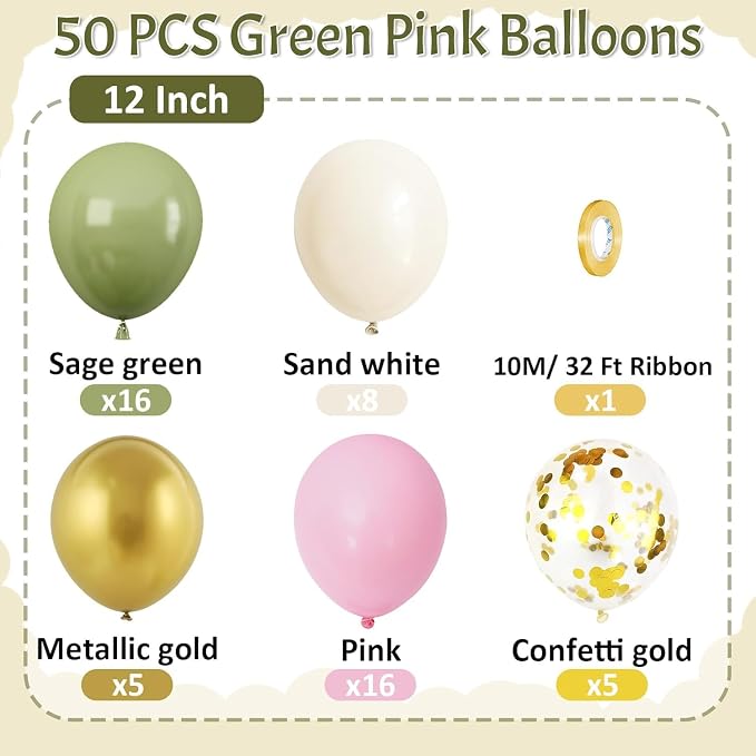 Paready Pink and Green Balloons, 12 Inch Metallic Gold Confetti Avocado Green - Image 2