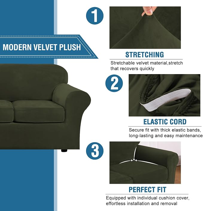 H.VERSAILTEX High Stretch Sofa Slipcover 4 Piece Cover Velvet Furniture - Image 3
