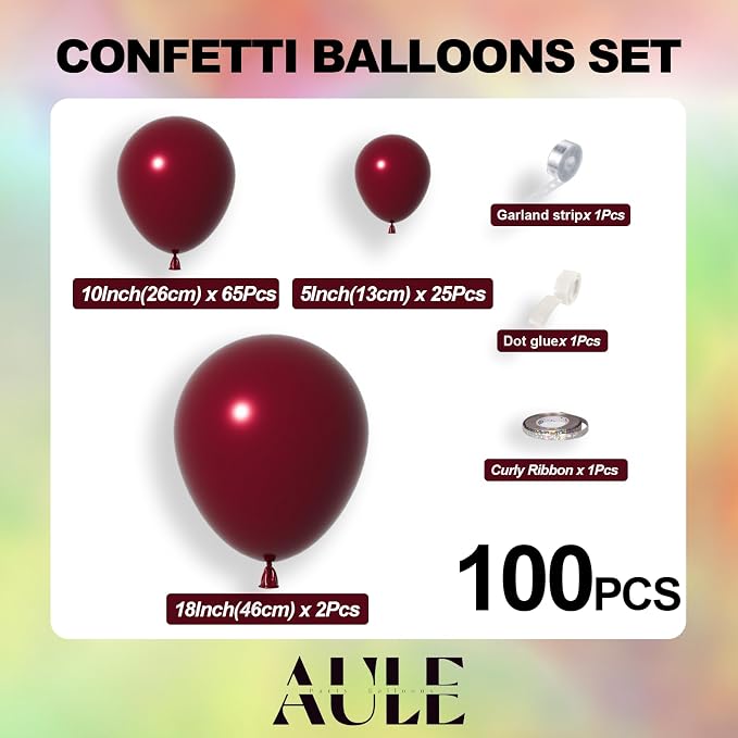 AULE 100 Pcs Metallic Burgundy Balloons Different Sizes 18/10/5 Inch | Maroon - Image 3