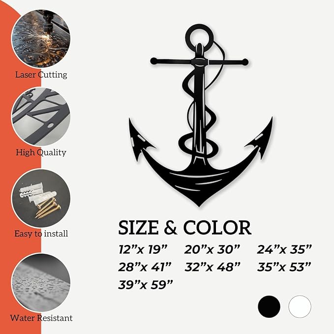 XXQ Anchor Metal Wall Decor, Anchor Metal Wall Art for Bedroom Living Room Dorm Antique Anchor Wall Decor Antique Metal Anchor Farmhouse Decor (Whhite, 28" x 41" / 70 x 105cm)