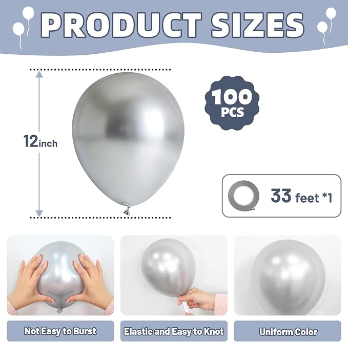 LOLStar Metallic Silver Balloons, 12 inch Latex | Birthday, Engagement - Image 2