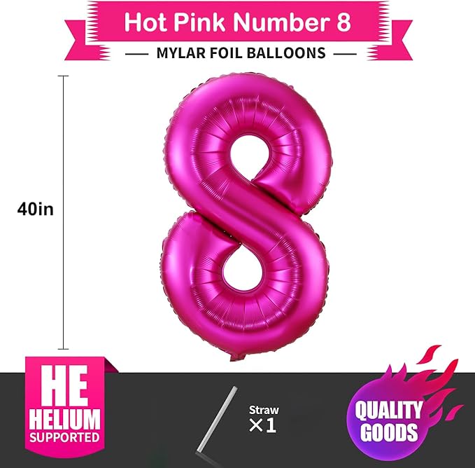 8 Balloon Number Hot Pink 8 Birthday Balloon 40 inch Foil Mylar Large 8 Balloon - Image 2