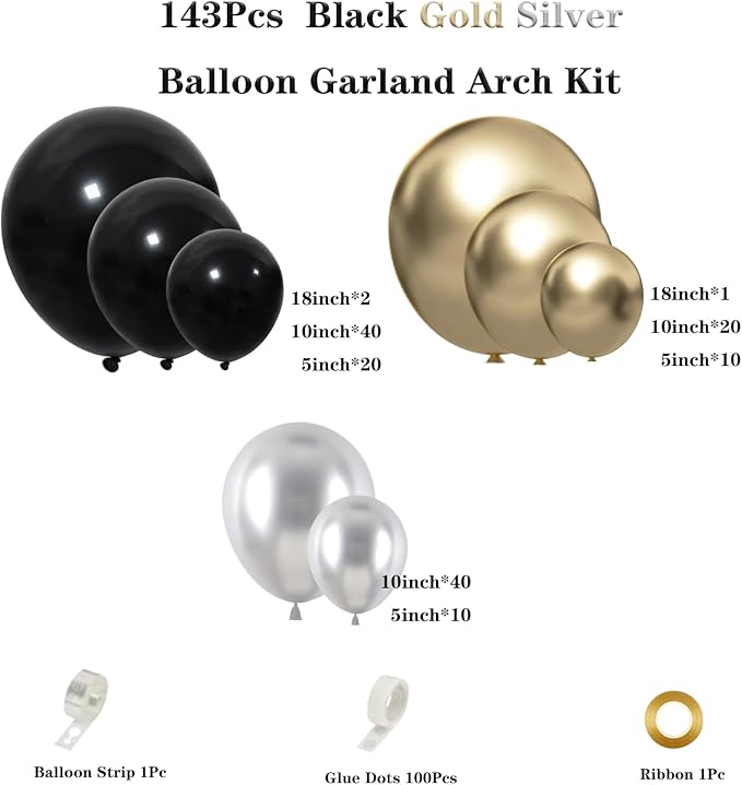 143Pcs Black Gold Silver Balloon Garland Arch Kit | Black Gold Silver Latex - Image 2