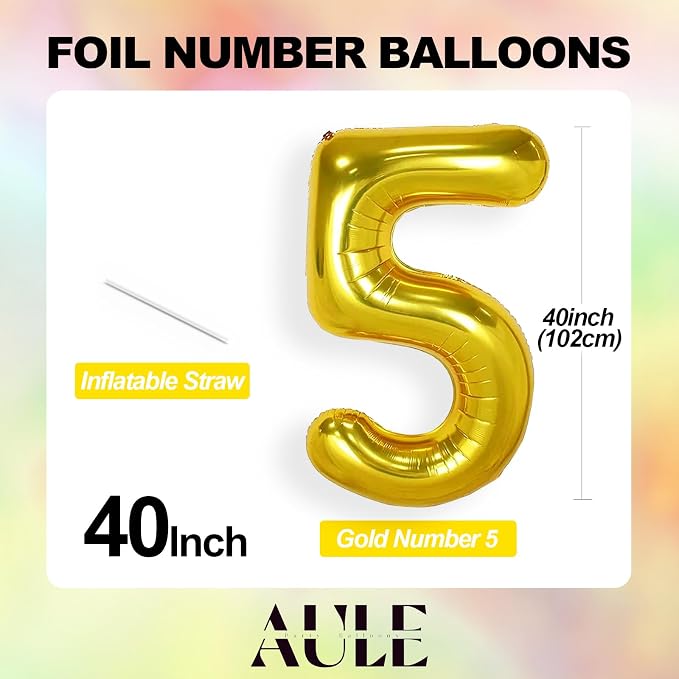 AULE 40 Inch Gold 5 Balloon Number Foil 0-9 Birthday Big Numbers | Birthday - Image 4