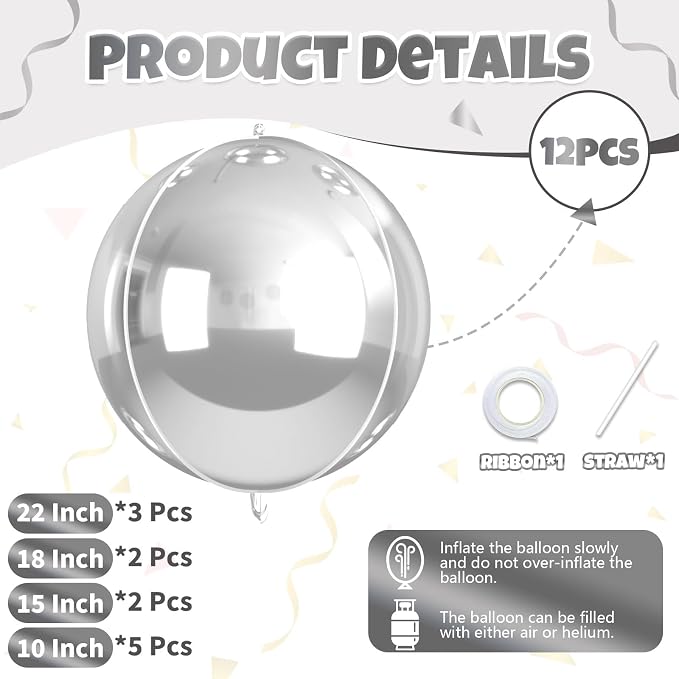 12 Pcs Silver Foil Balloons, Different Size Metallic Silver Balloons - Image 2