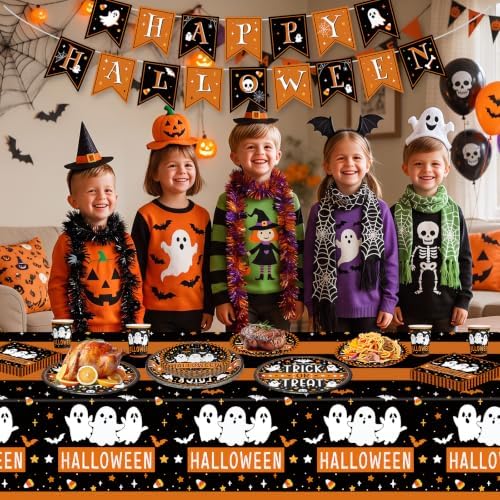 82 Pcs Halloween Plates and Napkins - Disposable Halloween Ghost Paper Plates Napkins Cups Tablecloth Banner Tableware Set for Halloween Party Decorations Supplies, Serve20 - Image 2