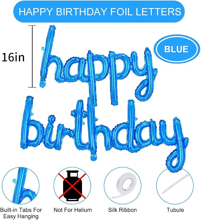 TONIFUL 16 Inch Cursive Blue Happy Birthday Balloons Banner Decorations | - Image 2