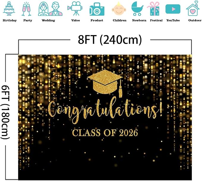 Mocsicka Class of 2026 Backdrop Black Gold Glitter Bokeh Graduation Party - Image 4