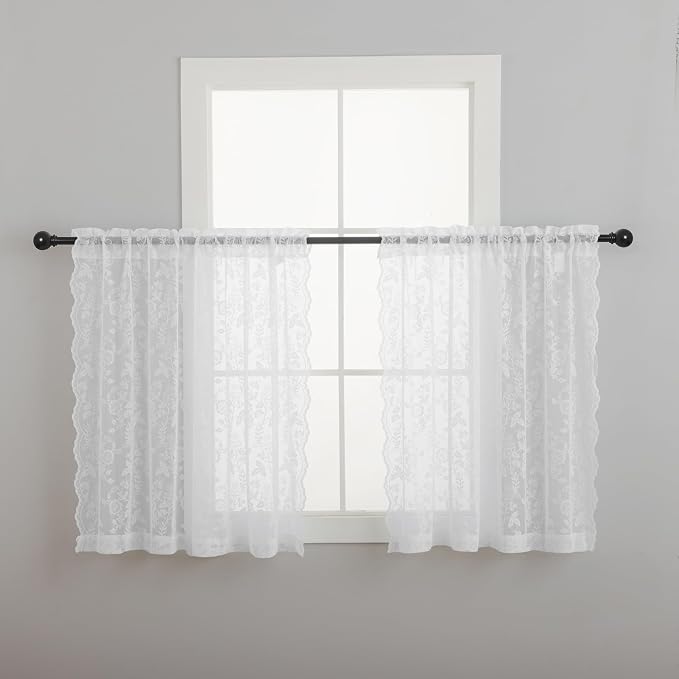 FINECITY Short White Lace Curtains Rustic Leaf Floral W42xL36 Inch 2 Panels | - Image 2