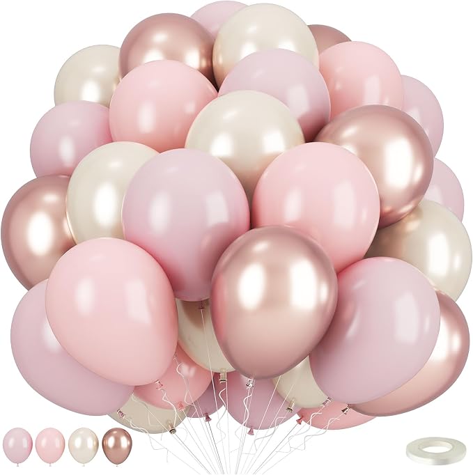 Dusty Pink Balloons, Blush Pink Metallic Rose Gold Double Stuffed Pearl White by Togvu