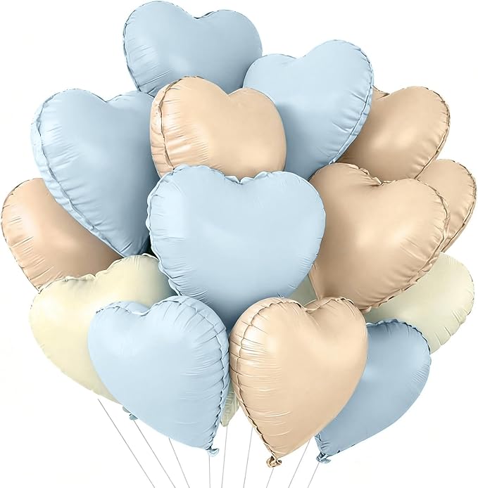 TONIFUL 30 Pcs 18 Inch Blue Cream White Caramel Heart Shape Foil Balloons | by TONIFUL