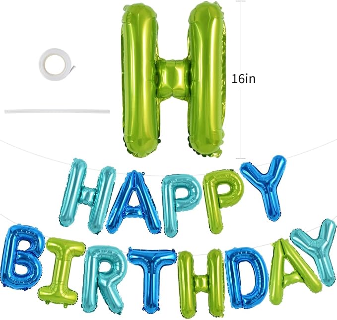 TONIFUL 16 Inch Blue and Green Happy Birthday Balloon Banner Decor - Image 2