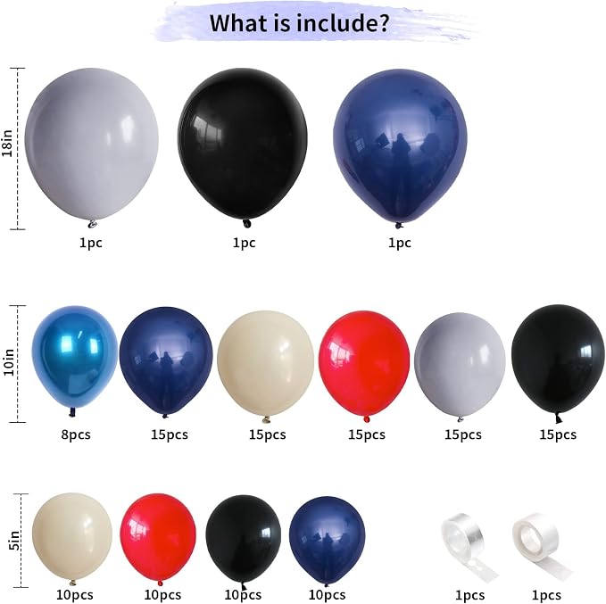 128 Pcs Red Blue Black Balloon Arch Kit, Latex Matte Balloons Different Sizes - Image 2