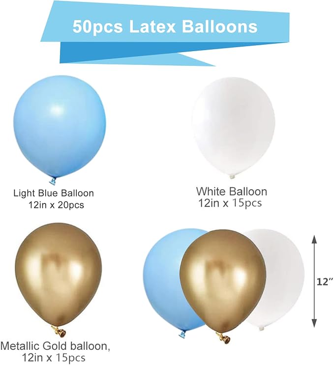 Blue Gold White Latex Balloons, 50 Pack 12 Inches light Blue Balloons Helium - Image 2