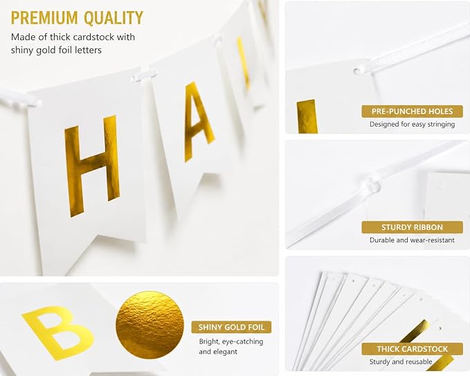 Letjolt White Golden Happy Birthday Banner Party Decorations 13 Pcs | Sparkle - Image 3