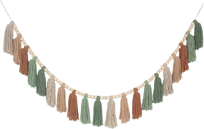 Sage Green Brown Boho Yarn Wood Bead Tassel Garland Wall Hanging Decor Neutral by WelcometoTasuwat
