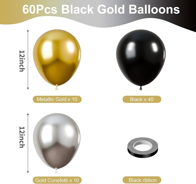 KBZVNAF Black Gold Silver Latex Balloons 60 Packs 12 Inch | Black Metallic - Image 2