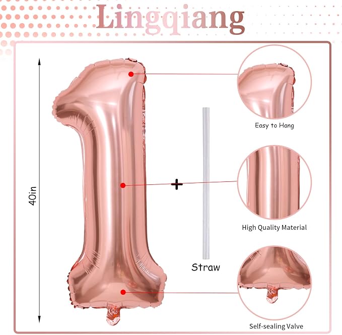 Rose Gold 1 Balloons, 40 Inch Giant Helium Foil Number 0-9 - Image 2