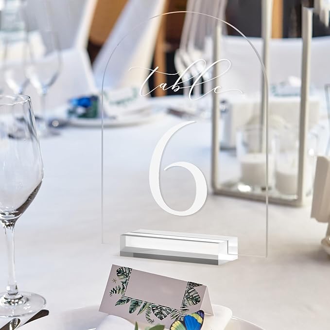 JINMURY Clear Arch Table Numbers for Wedding, 5x7 Inch Arched Acrylic Table Numbers 1-10 with Stands, Clear Acrylic Arch Sign with Holder for Centerpiece, Reception, Wedding, Party, Event
