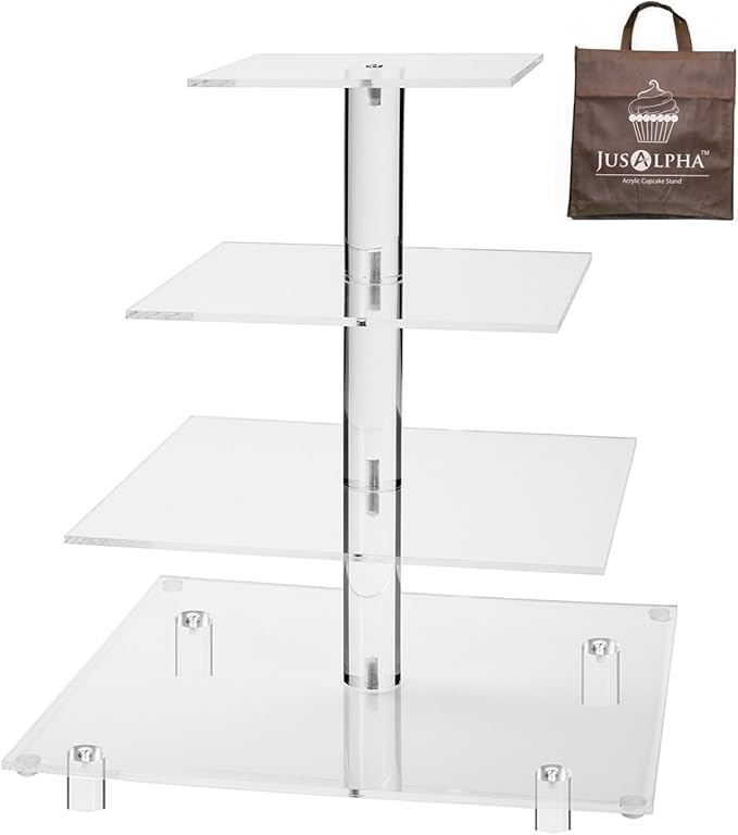 Jusalpha Large 4 Tier Cupcake Stand Square Acrylic Cupcake Tower Stand for Dessert, Pastry, Serving Platter-Candy Bar Party Décor and Supply(with Rod Feet) (4SF-V2)