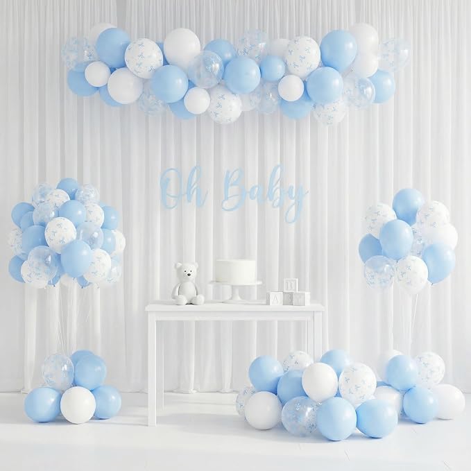 HILAVO Blue Bow Balloons, 12 Inch Pastel Light Blue Transparent White Bow Print - Image 5