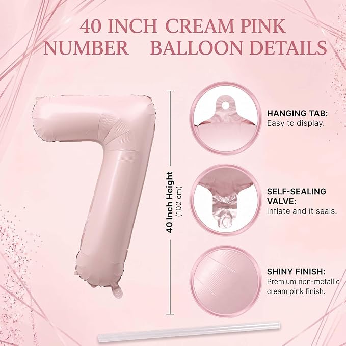 Baby Pink Number 7 Balloon 40 Inch, Soft Pastel Event Party Supplies | - Image 4
