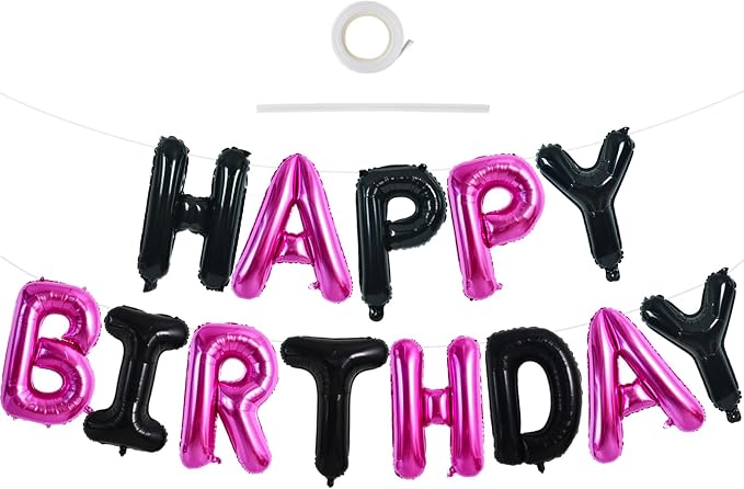 TONIFUL Black Hot Pink Happy Birthday Balloon Banner Decor by TONIFUL