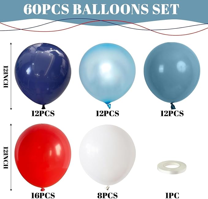 Red Blue White Balloons, 12Inch 60Pcs Retro Navy Blue Matte Red and White - Image 2