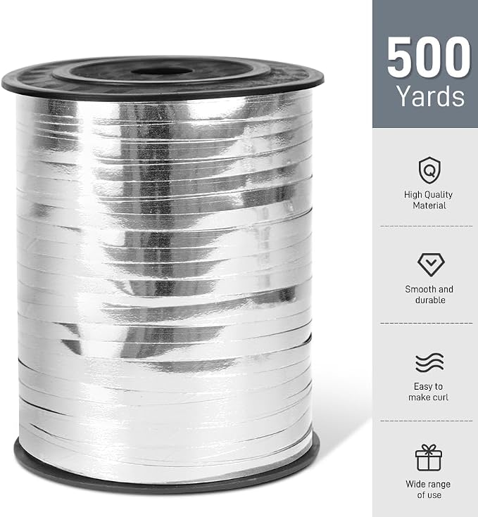 500 Yards Metallic Shiny Curling Ribbon Silver, 1/5" Silver Balloon Ribbons - Image 2