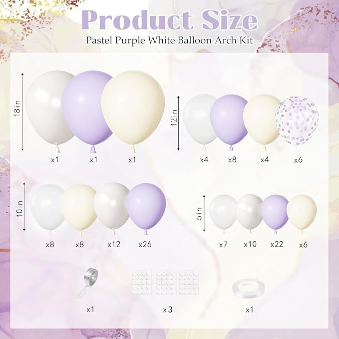 Ouddy Party Pastel Purple White Balloons Garland Arch Kit 18 12 10 5 Inch | - Image 3