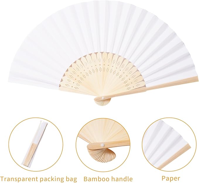 Sepwedd 50pcs White Paper Hand Fan Bamboo Folding, Handheld Paper Folded - Image 2