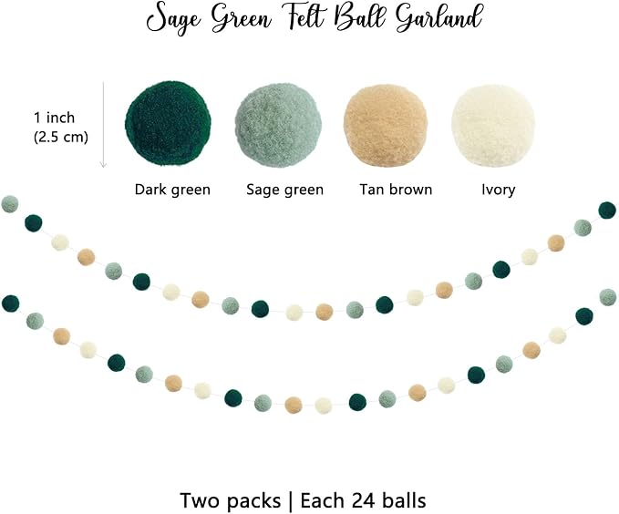 ANSOMO Sage Green Ribbon Felt Ball Garland Fabric Pom Pom Banner | Tan Brown - Image 3